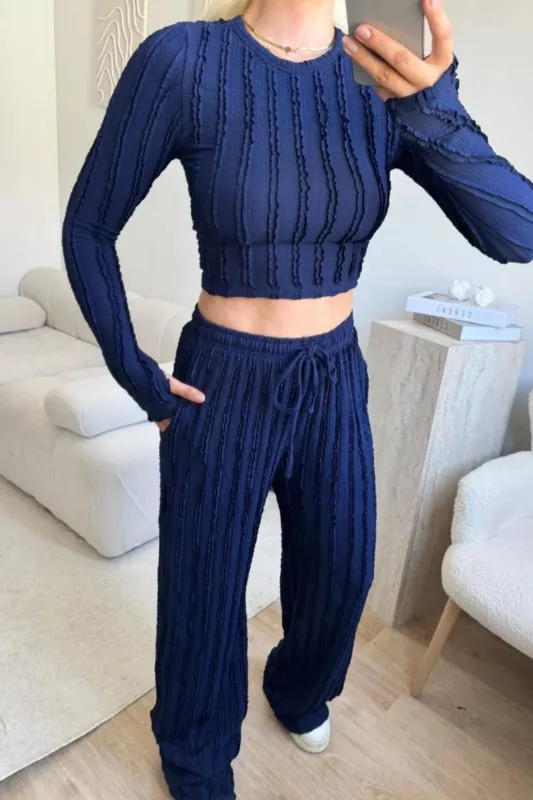 Kışlık Premium Fitilli Parmak Geçmeli Crop Bluz Bol Paça Pantolon Takımı