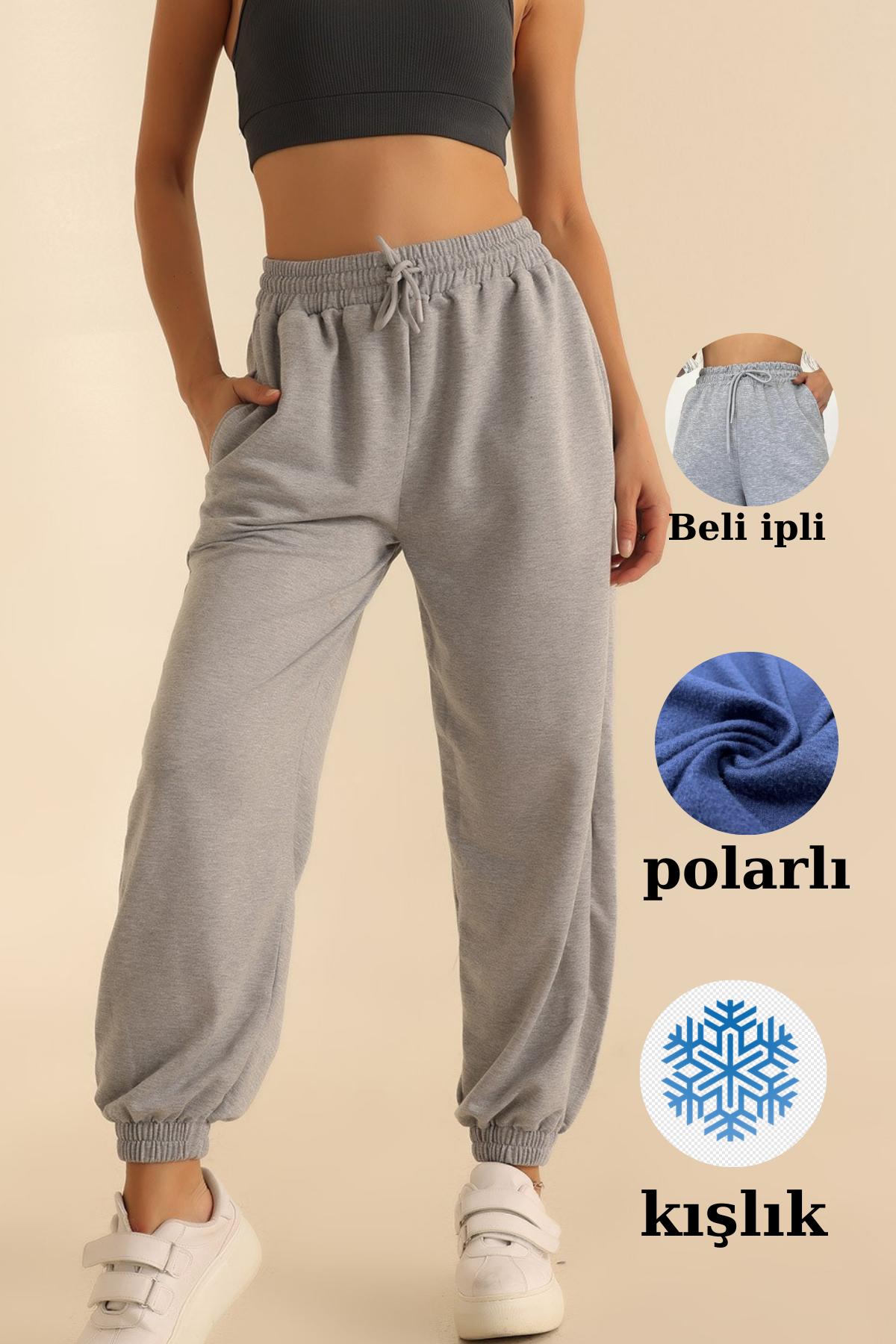 Kadın Yüksek Bel Içi Polarlı Üç Iplik Gri Eşofman Altı
