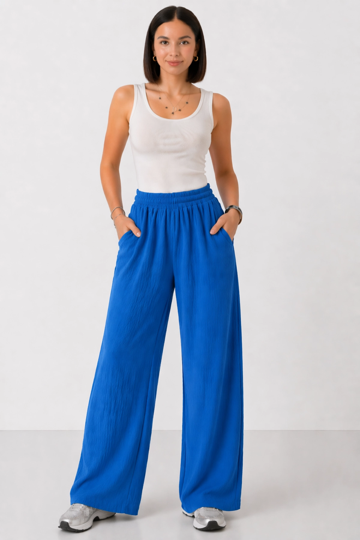 Kadın Indigo Mavi Beli Lastikli Cepli Bol Paça Mevsimlik Pantolon