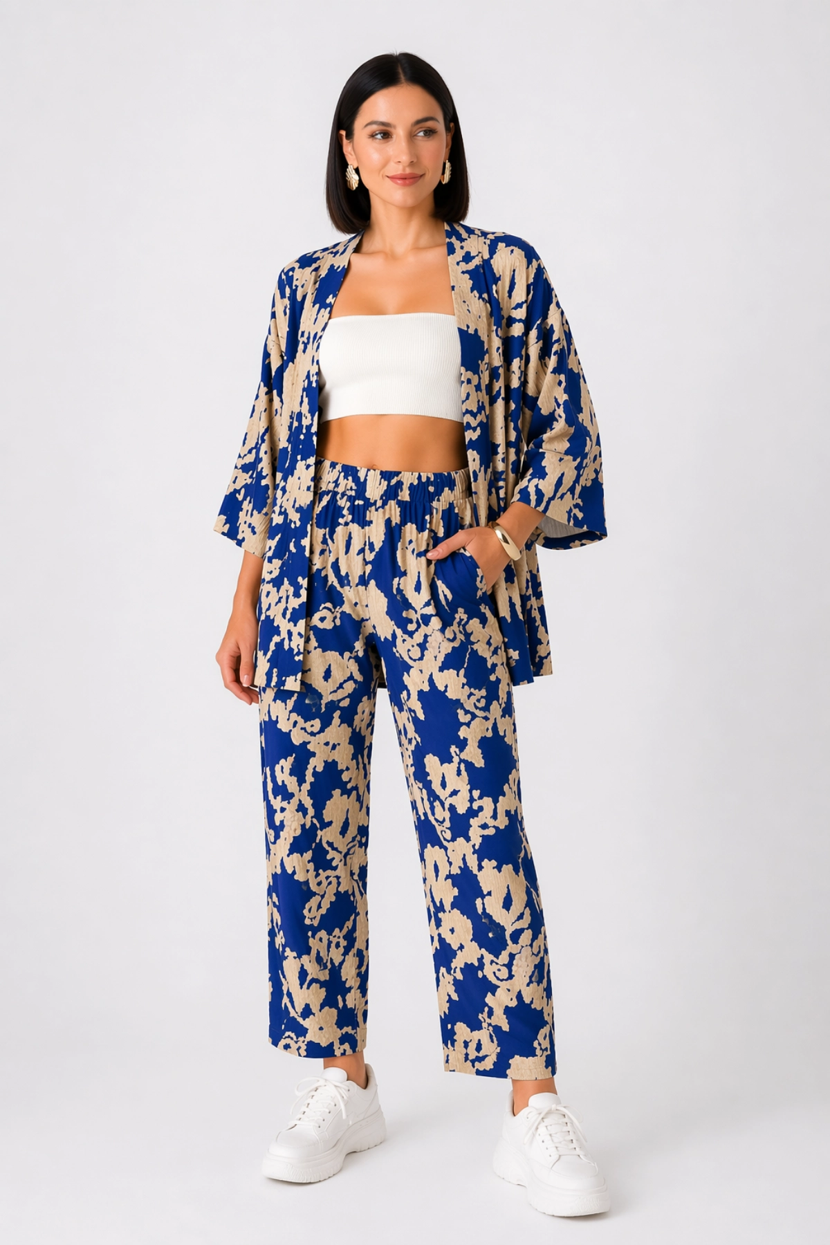 Kadın Mavi Desenli Kimono alt üst takım