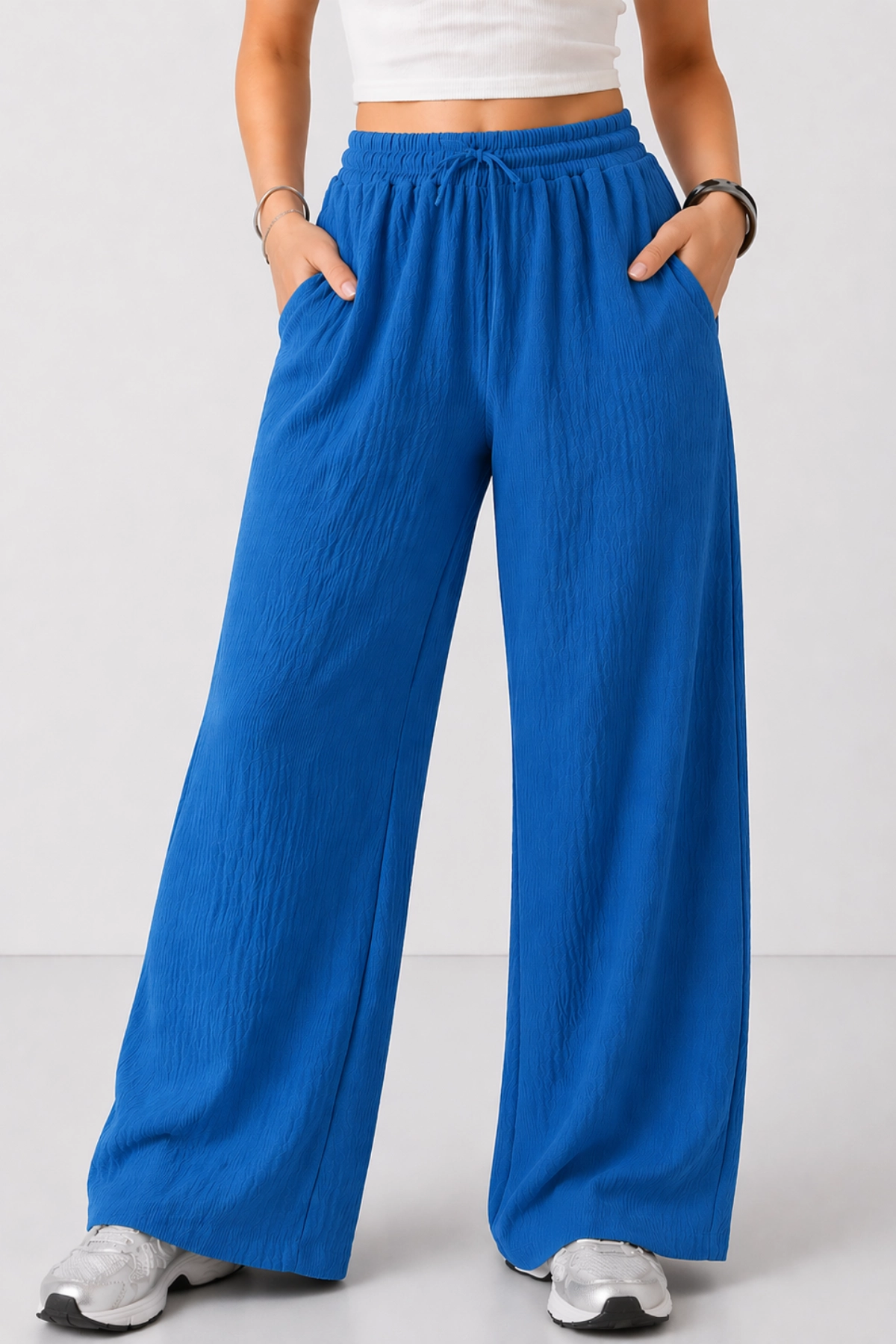 Kadın Indigo Mavi Beli Lastikli Cepli Bol Paça Mevsimlik Pantolon