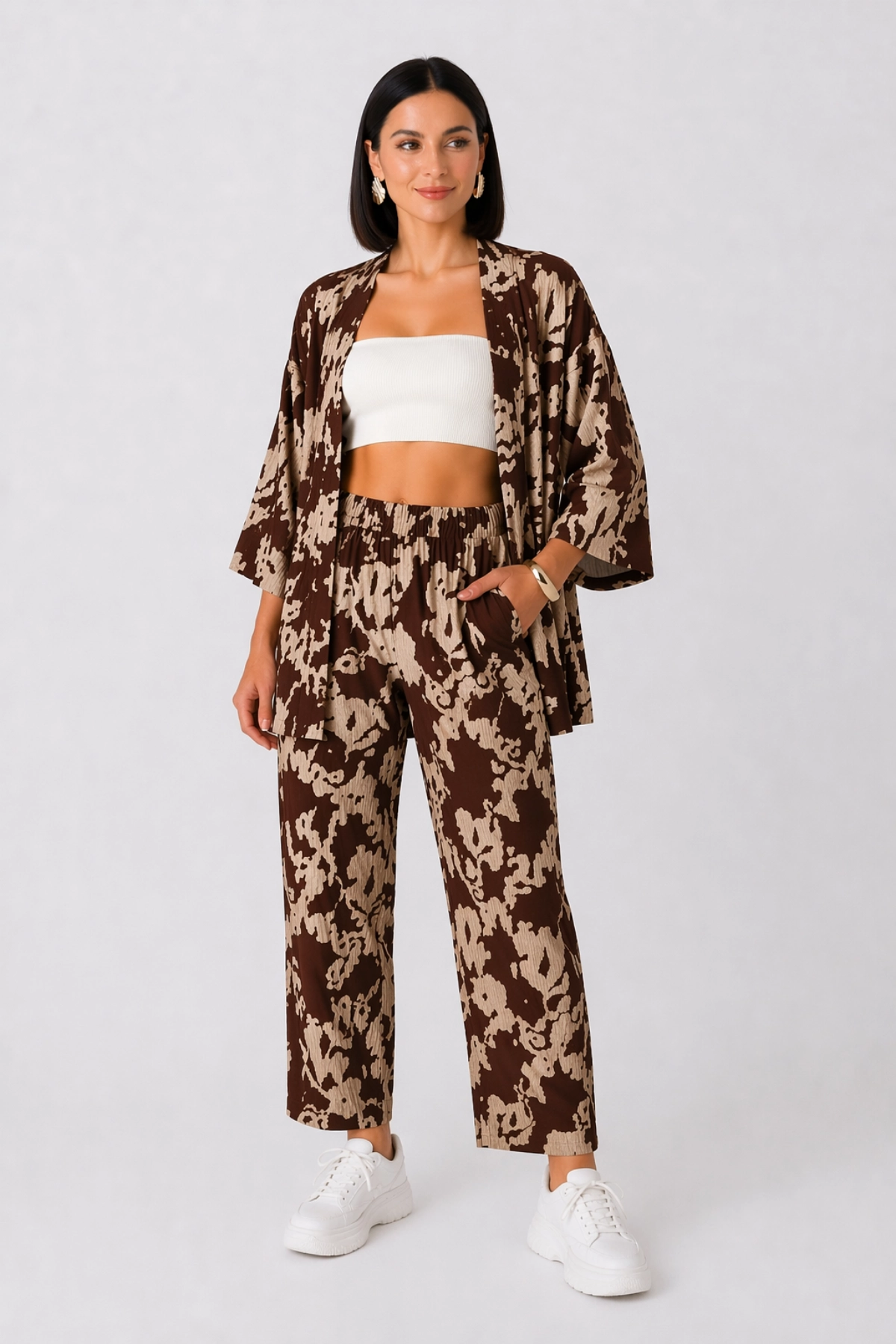 Kadın Kahve Desenli Kimono alt üst takım