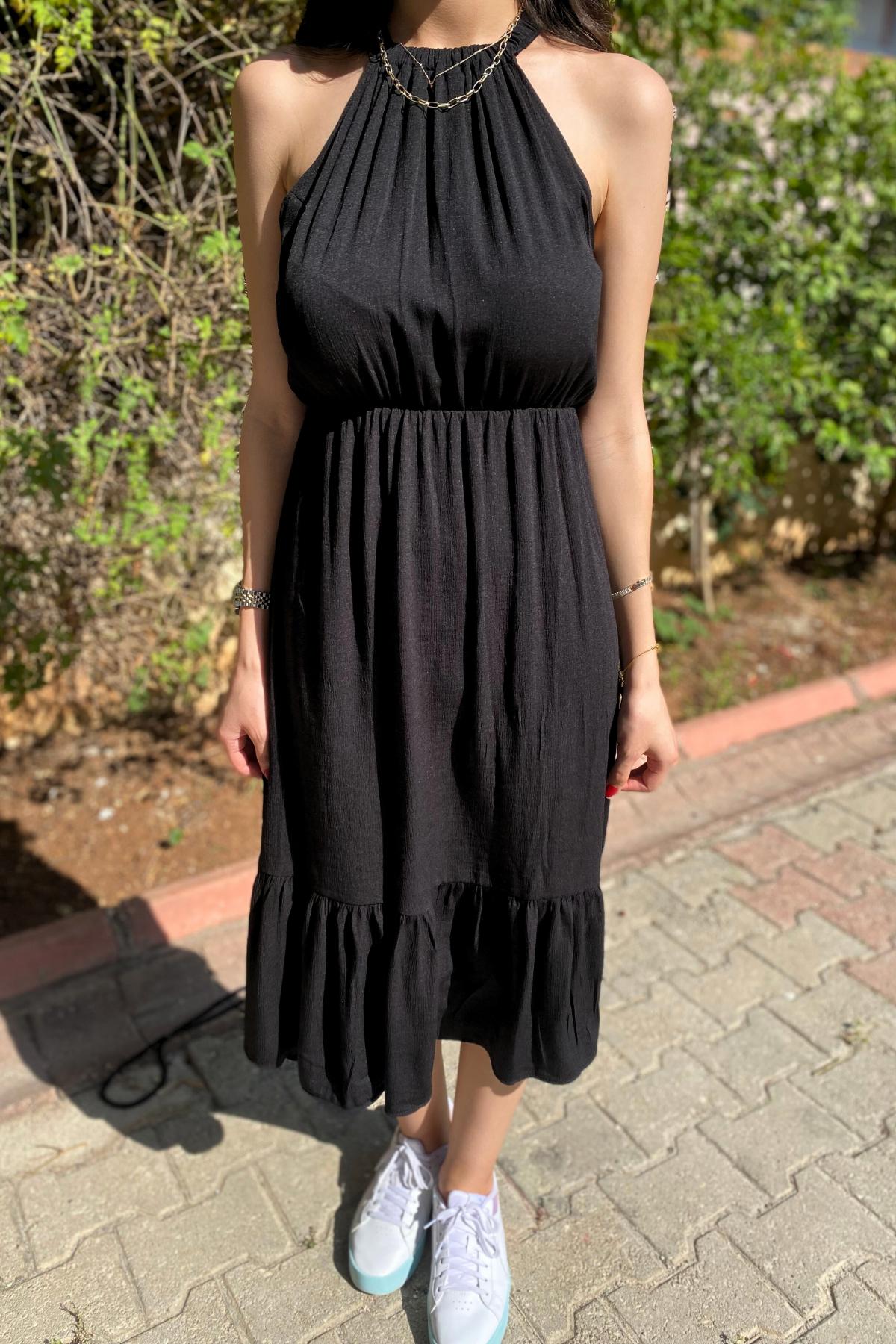 Kadın Siyah Halter Yaka Midi Boy Yazlık Bodrum Bürümcük Elbise