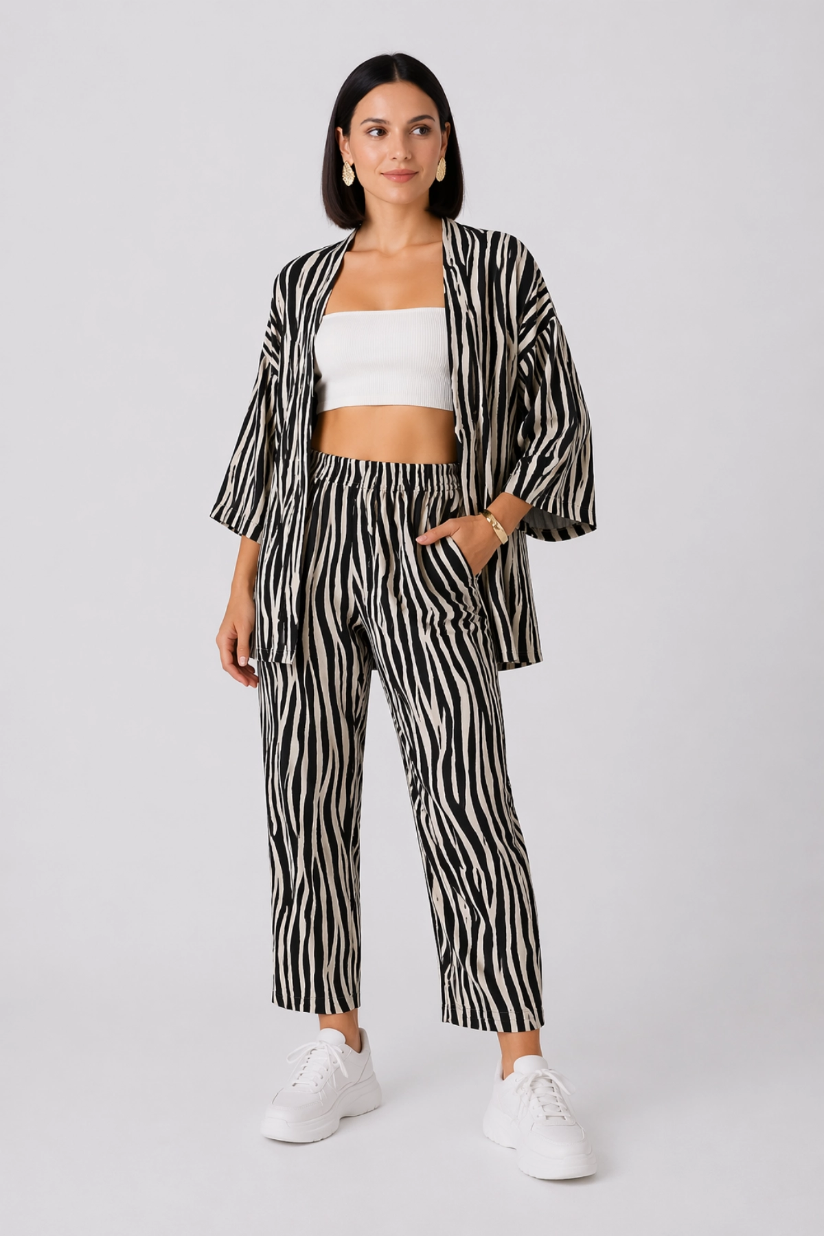 Kadın Zebra Desenli Kimono alt üst takım