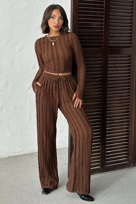 Kışlık Premium Fitilli Parmak Geçmeli Crop Bluz Bol Paça Pantolon Takımı