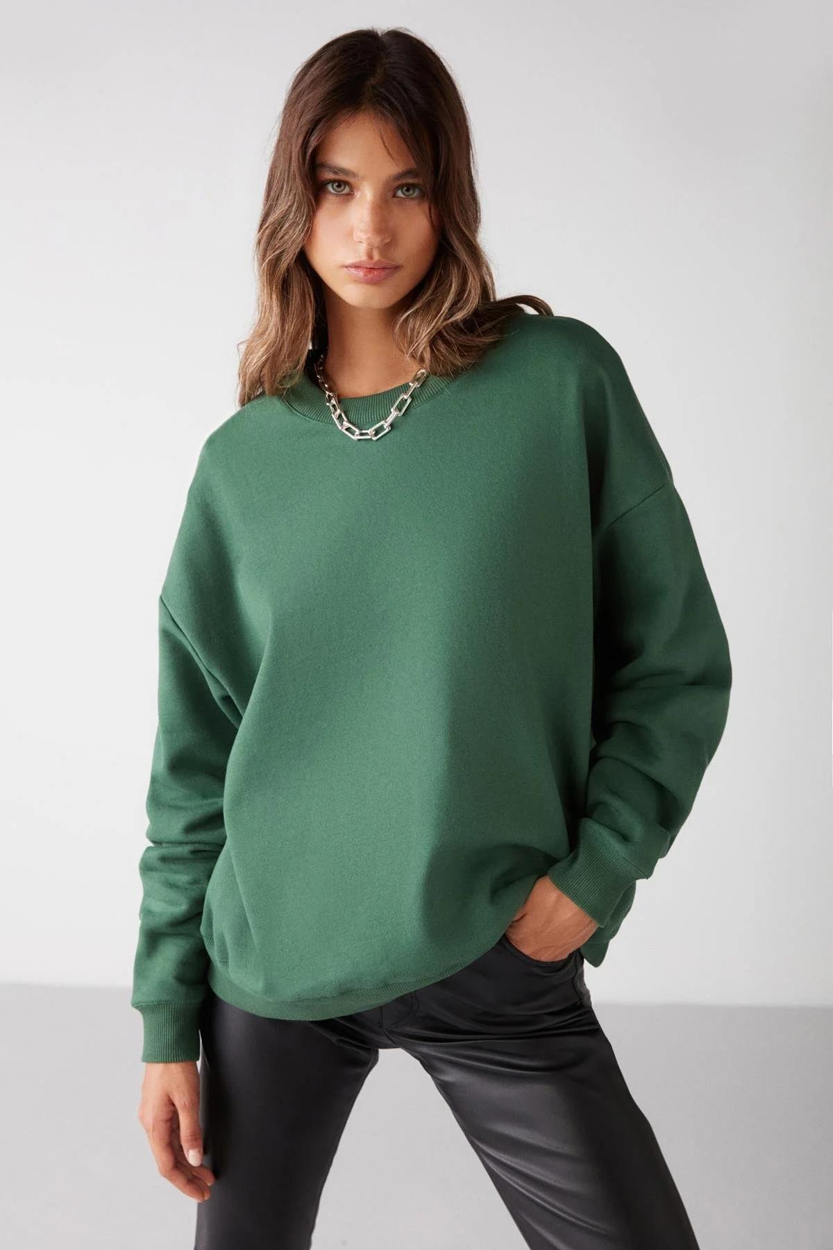 Yeşil Bisiklet Yaka Oversize Sweatshirt
