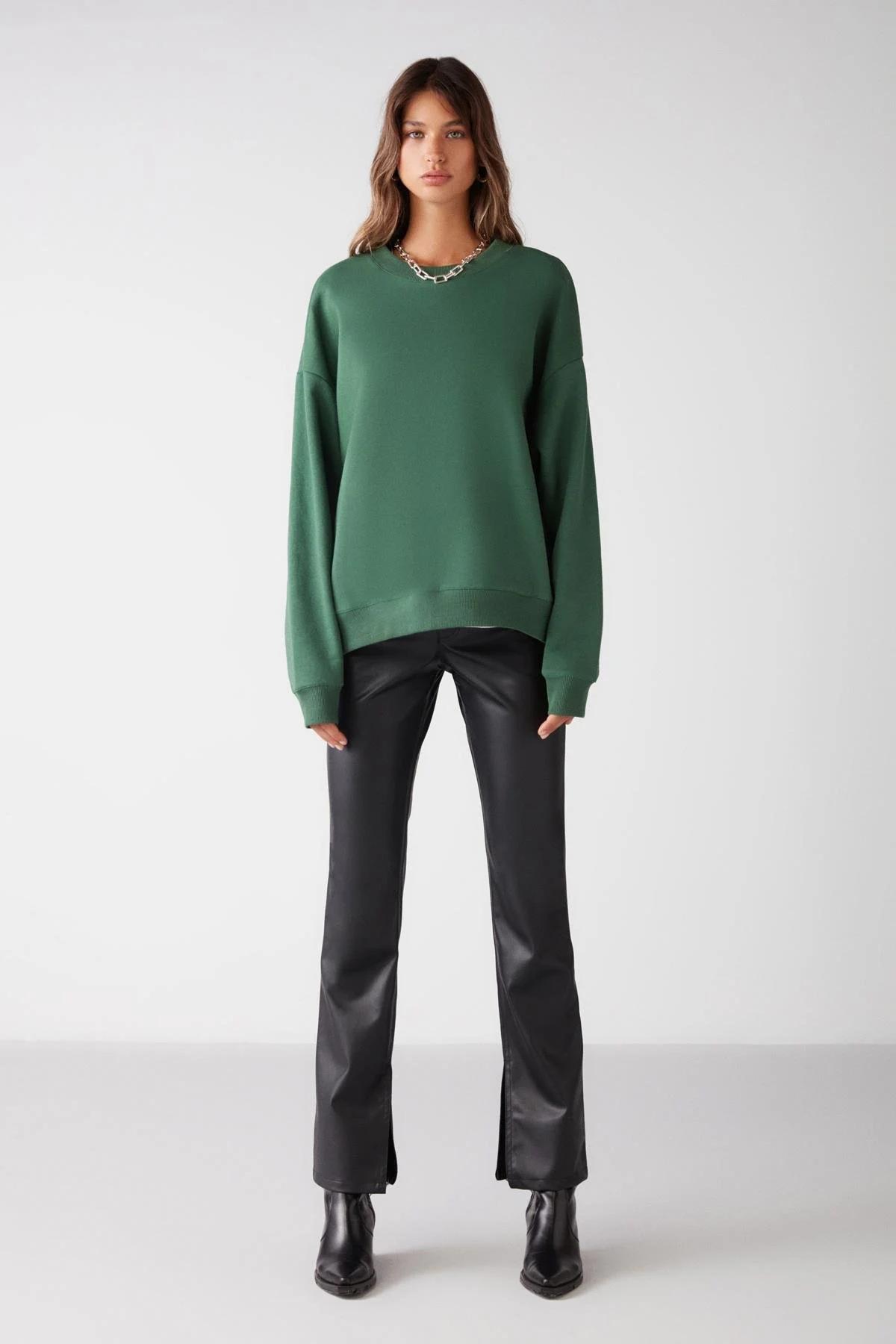 Yeşil Bisiklet Yaka Oversize Sweatshirt