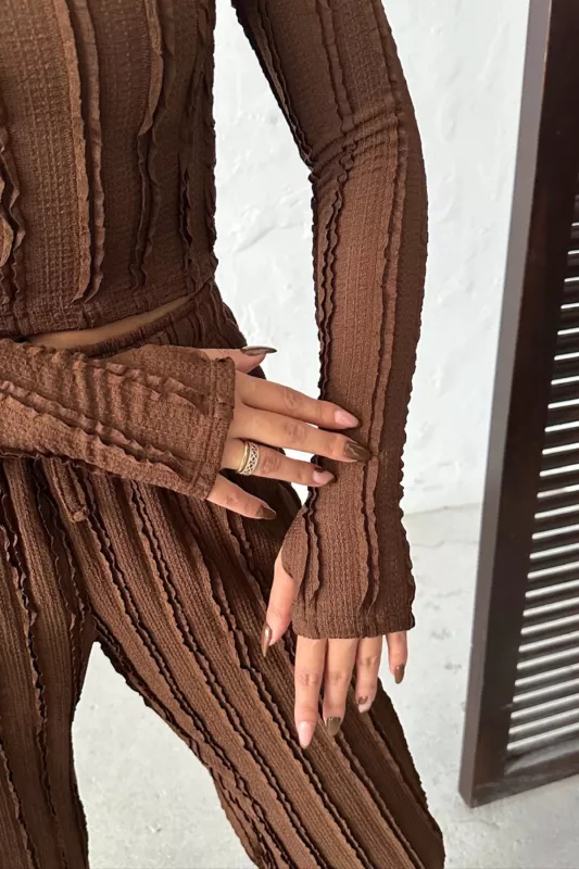 Kışlık Premium Fitilli Parmak Geçmeli Crop Bluz Bol Paça Pantolon Takımı