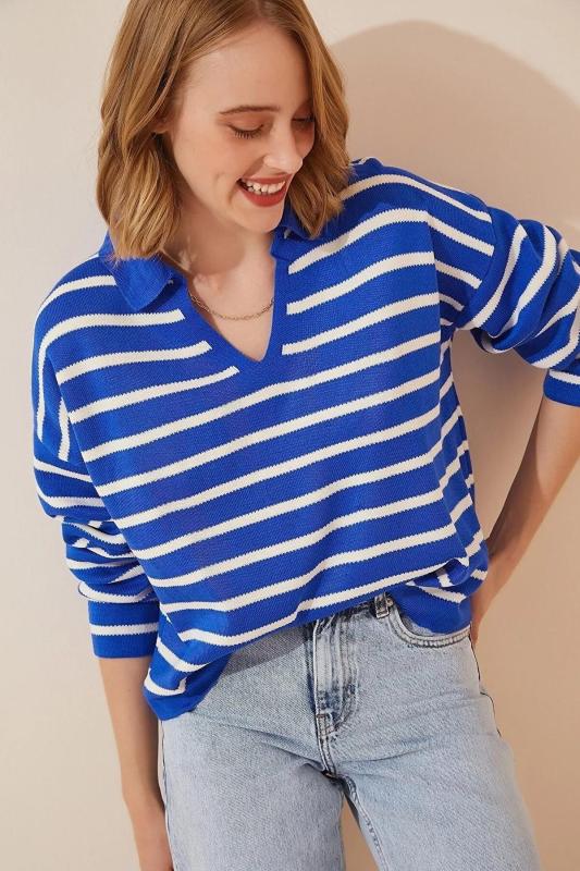 Kadın Polo Yaka Çizgili Crop Triko Kazak