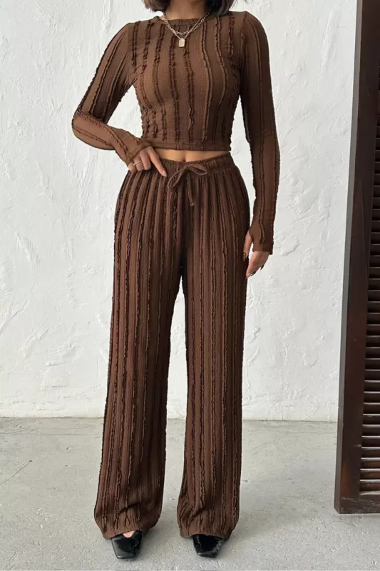 Kışlık Premium Fitilli Parmak Geçmeli Crop Bluz Bol Paça Pantolon Takımı