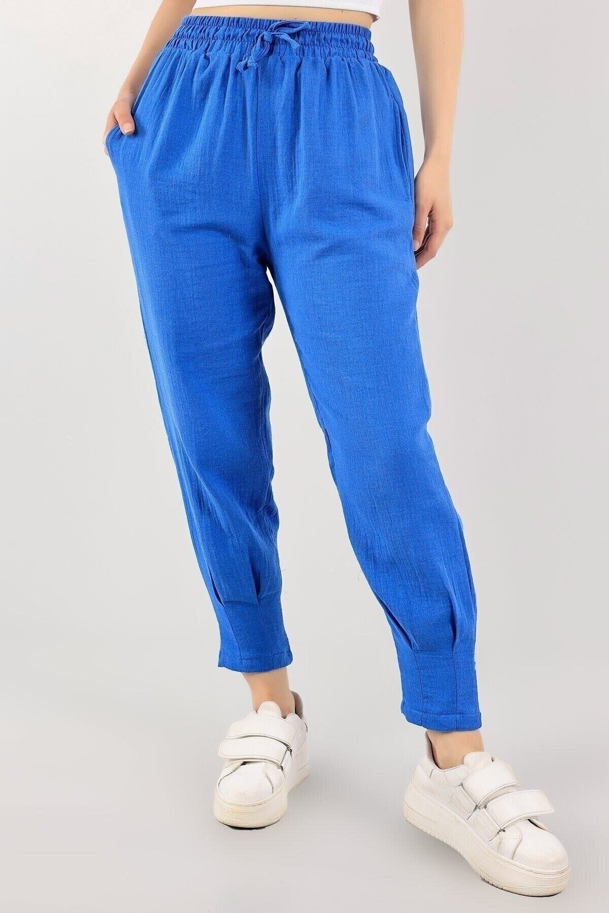 Kadın indigo Bel Lastikli Paçası Pensli Mevsimlik Jogger Pantolon
