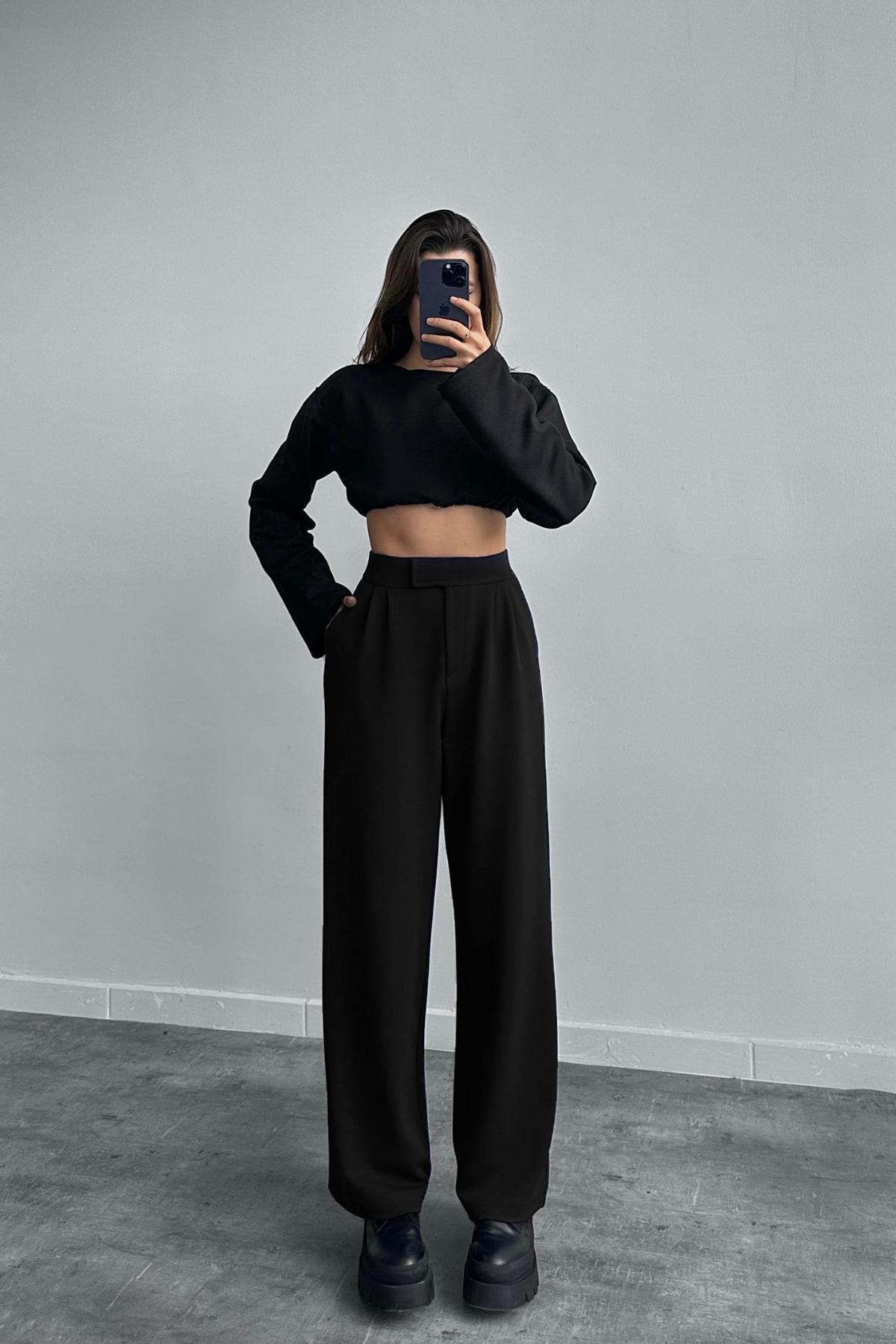 Kadın Siyah Beli Cırt Cırtlı Pileli Bol Paça Palazzo Pantolon Wide Leg
