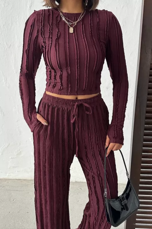 Kışlık Premium Fitilli Parmak Geçmeli Crop Bluz Bol Paça Pantolon Takımı