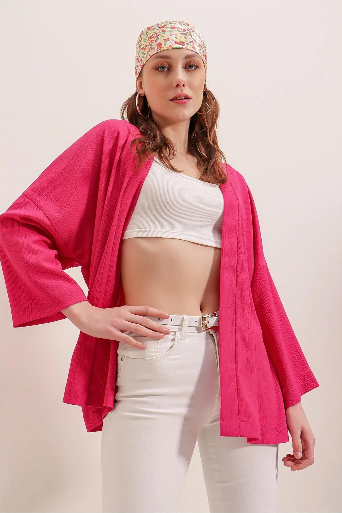Kadın Fuşya Bürümcük Kimono Ceket