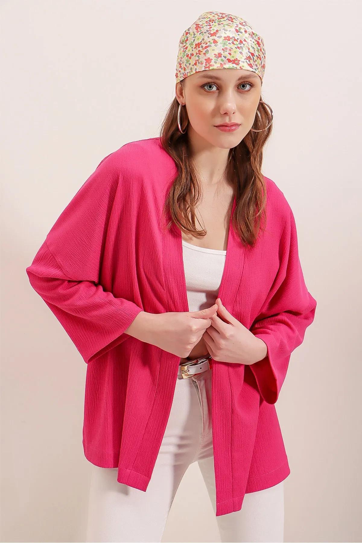 Kadın Fuşya Bürümcük Kimono Ceket