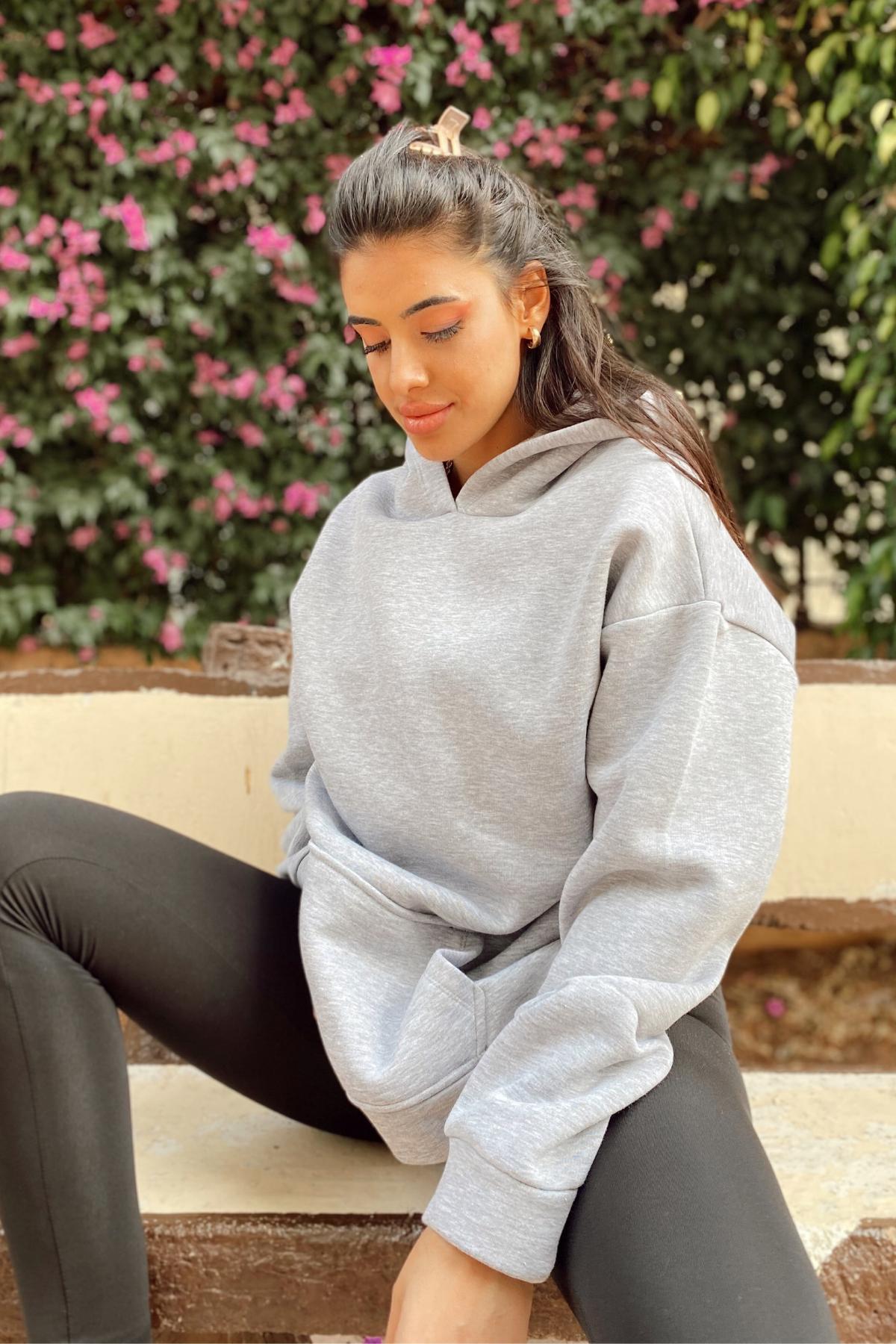 Kanguru Cepli Şardonlu Oversize Sweatshirt