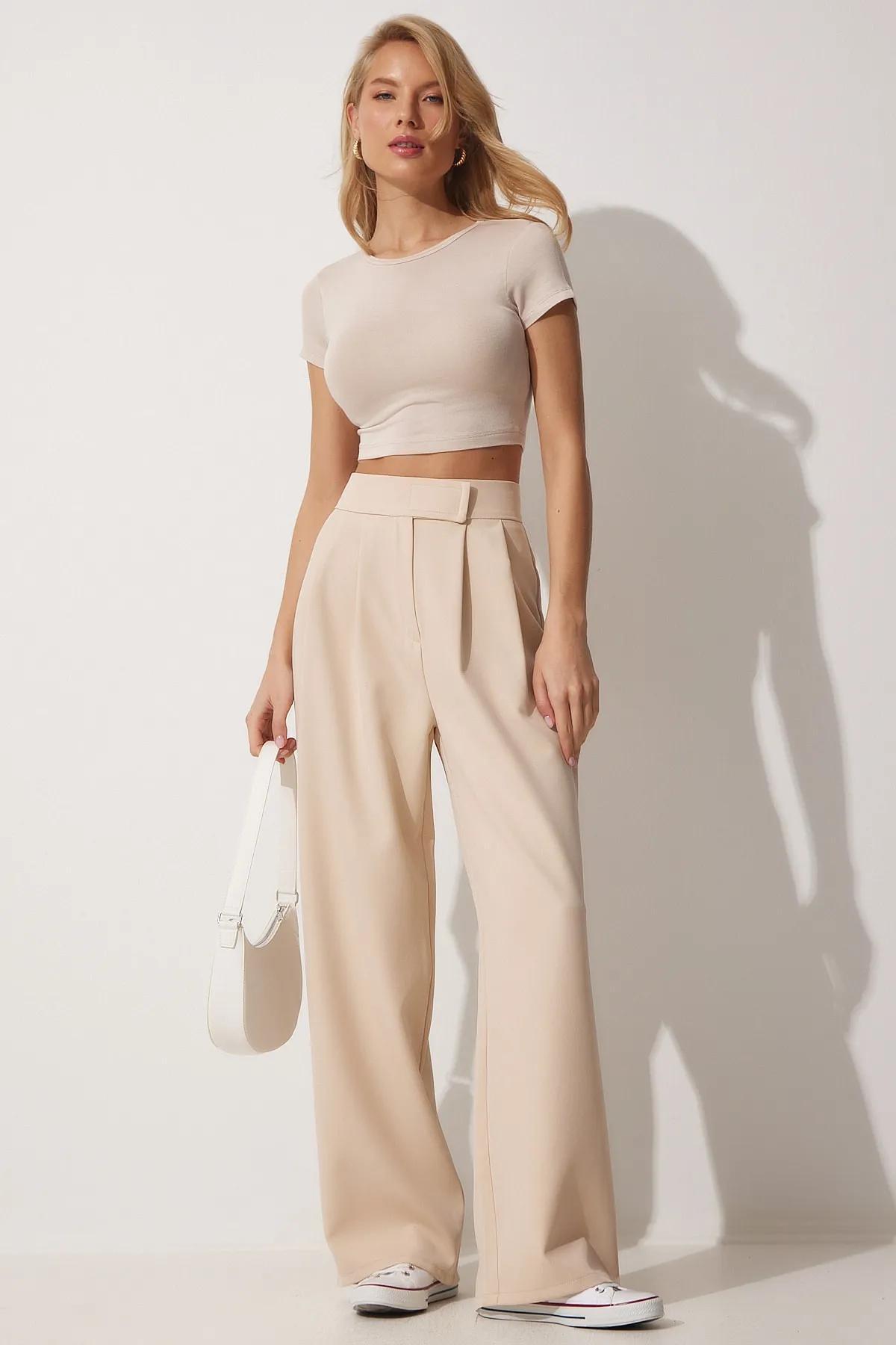 Kadın Beli Cırt Cırtlı Pileli Bol Paça Palazzo Pantolon Wide Leg