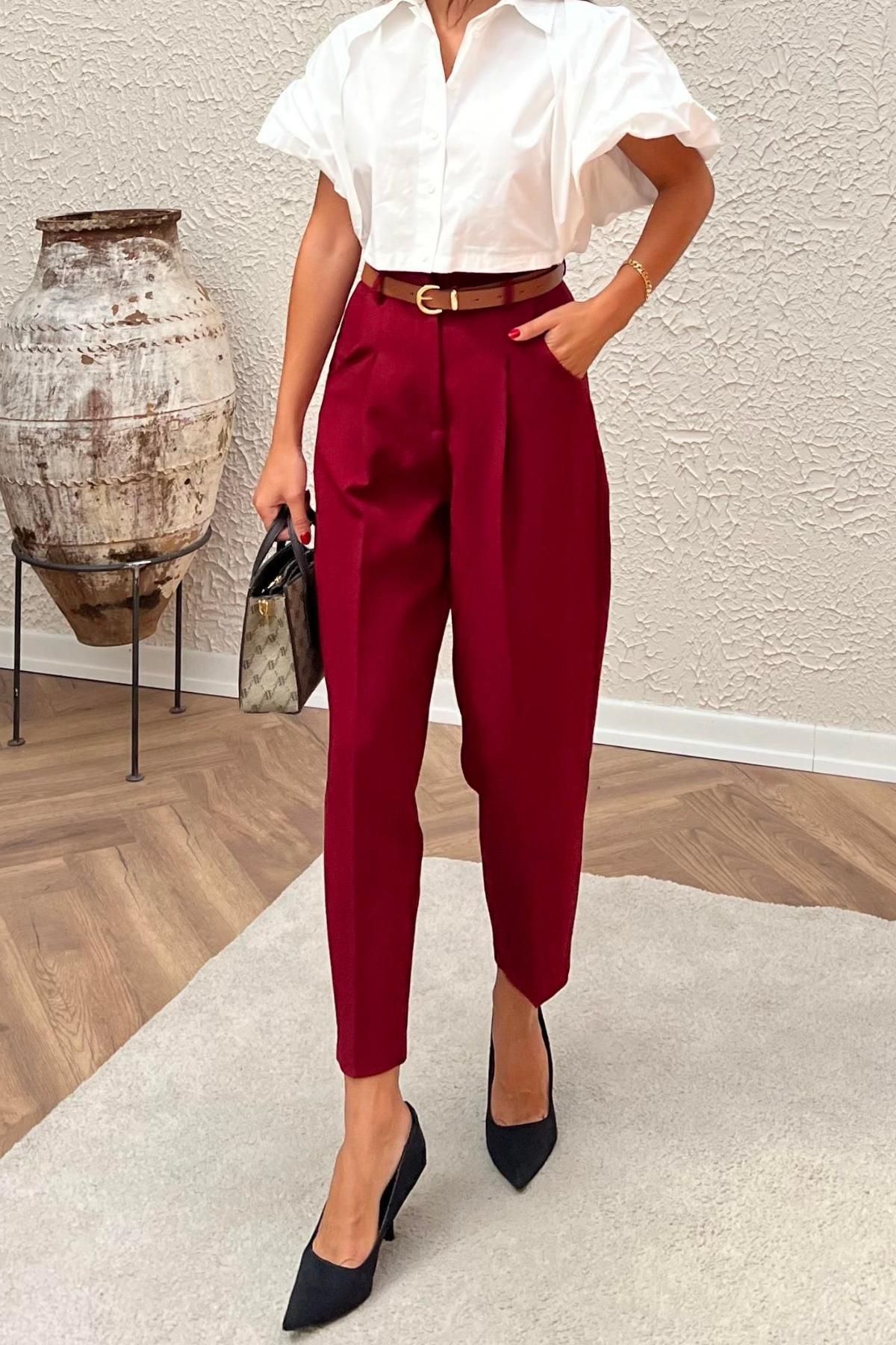 Premium Kalite Tok Kumaş Kemerli Havuç Bordo Pantolon