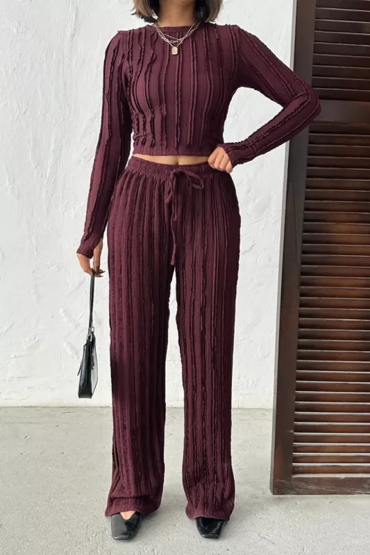 Kışlık Premium Fitilli Parmak Geçmeli Crop Bluz Bol Paça Pantolon Takımı