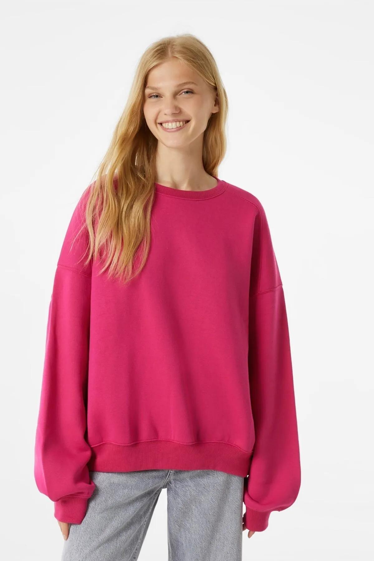 Fuşya Bisiklet Yaka Oversize Sweatshirt