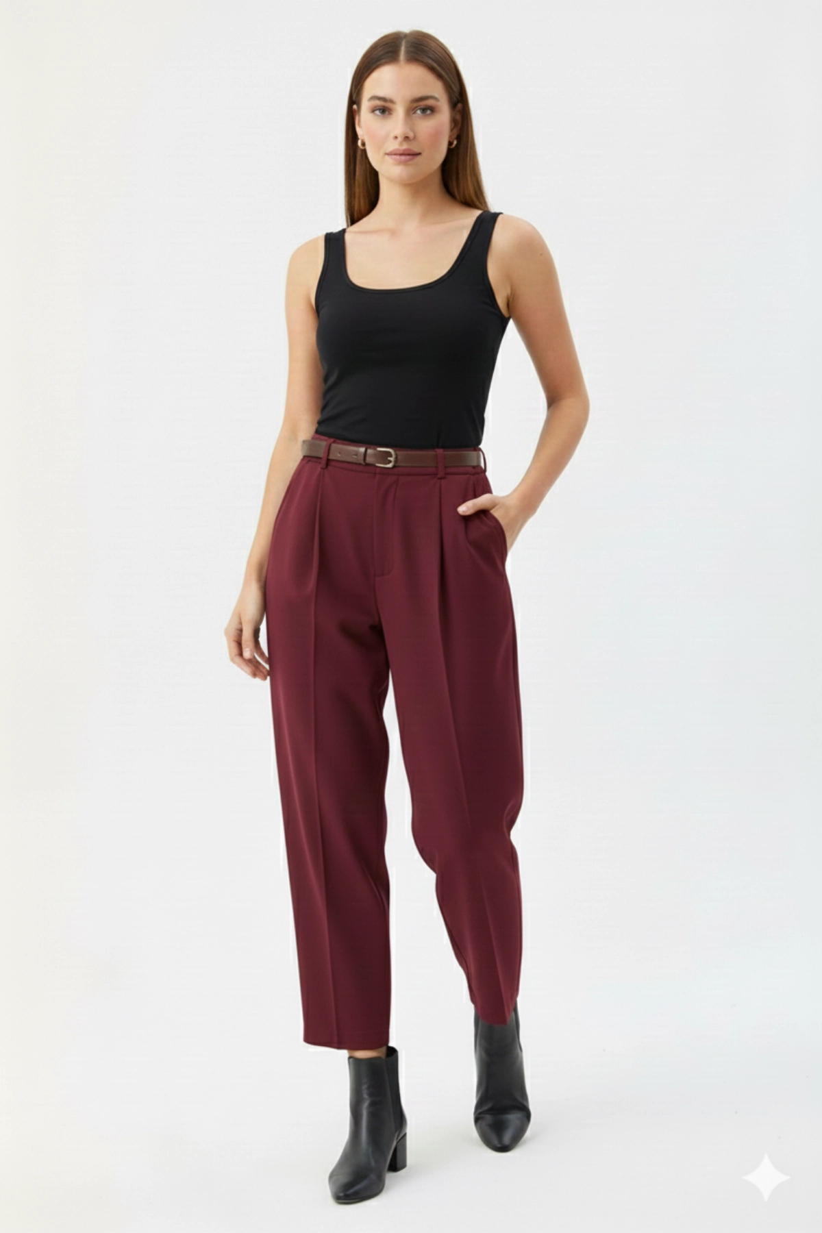 Premium Kalite Tok Kumaş Kemerli Havuç Bordo Pantolon