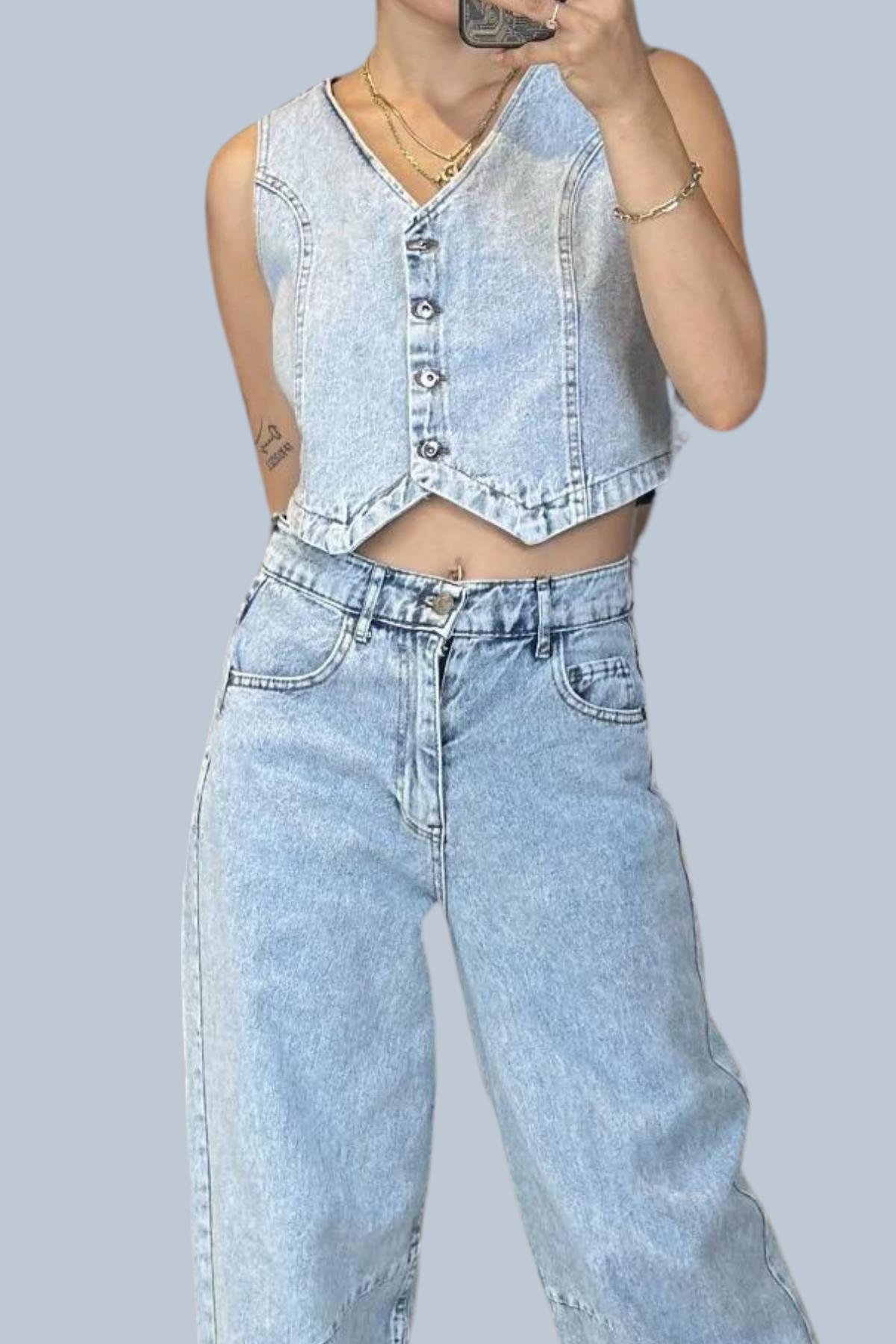  Denim Taşlanmış kot Yelek