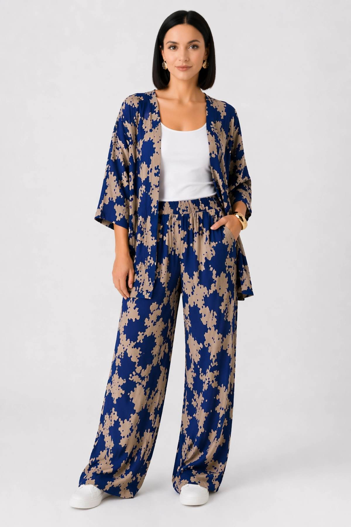 Kadın Mavi Desenli Bol Paça Palazzo Alt Üst Kimono Takım