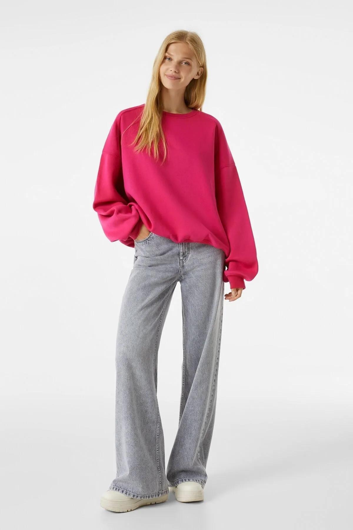 Fuşya Bisiklet Yaka Oversize Sweatshirt