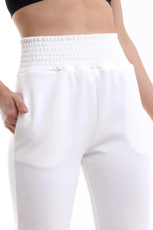 Kadın Beyaz Yüksek Bel Paça Pileli Pantolon