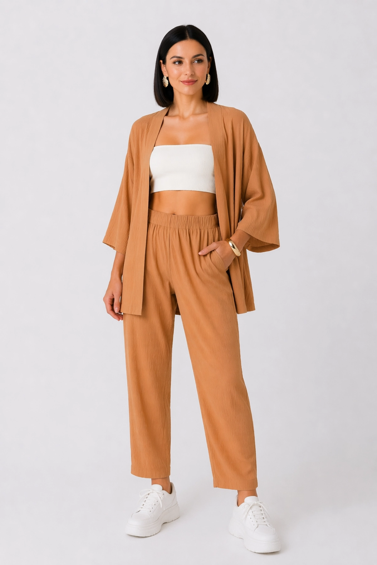 Kadın Tarçın Rengi Cepli Kimono Alt Üst Takım