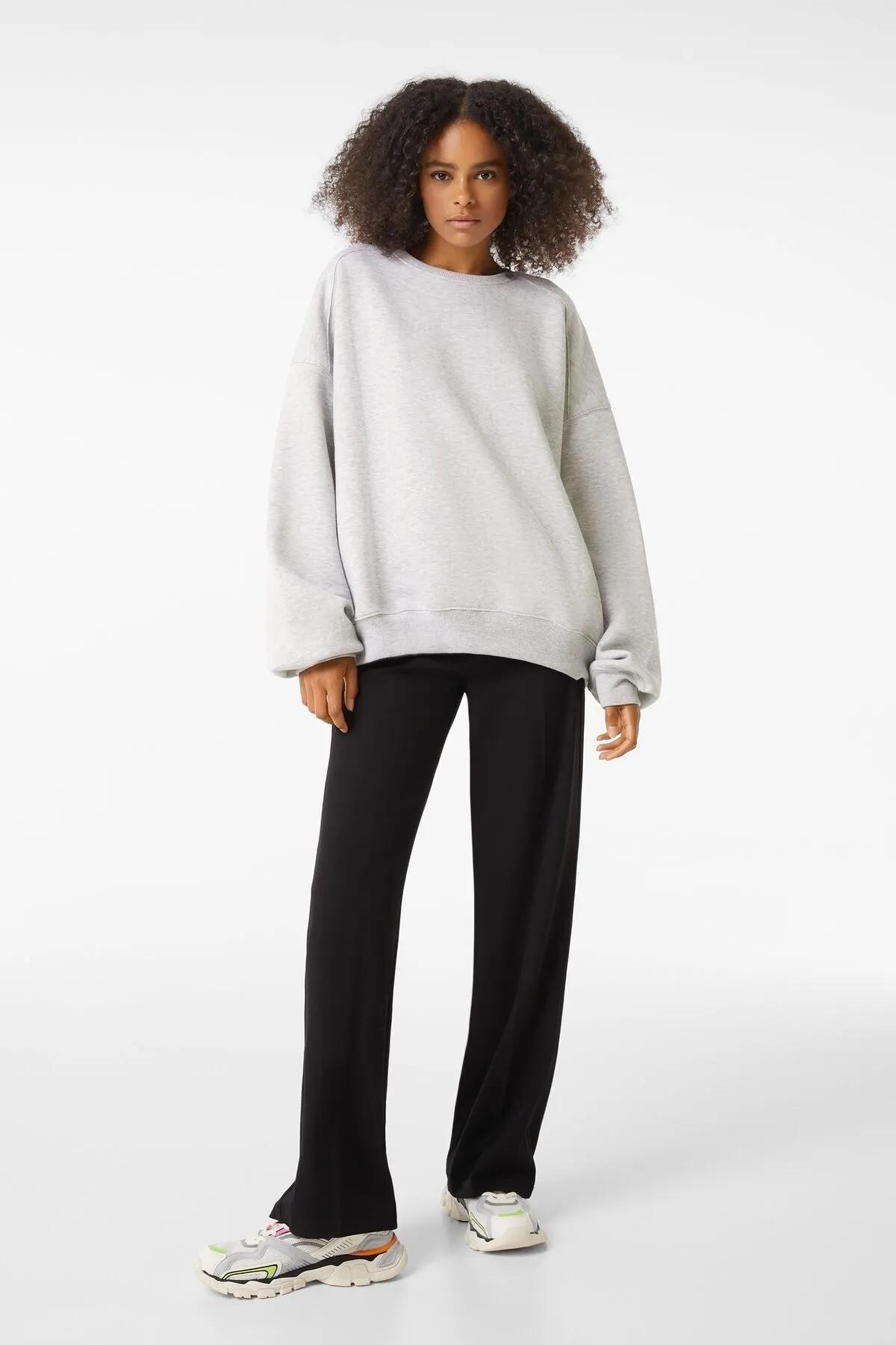 Gri Bisiklet Yaka Oversize Sweatshirt