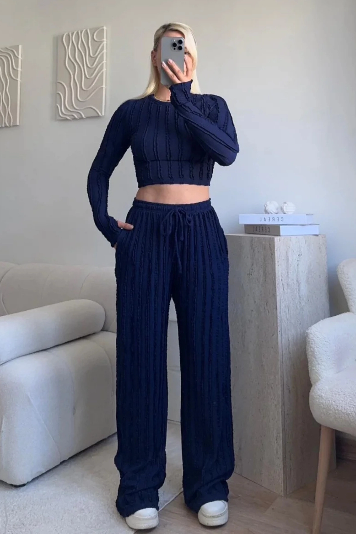 Kışlık Premium Fitilli Parmak Geçmeli Crop Bluz Bol Paça Pantolon Takımı