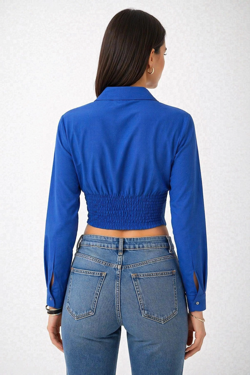 Kadın Saks Mavi Beli Lastikli Korse Crop Gömlek
