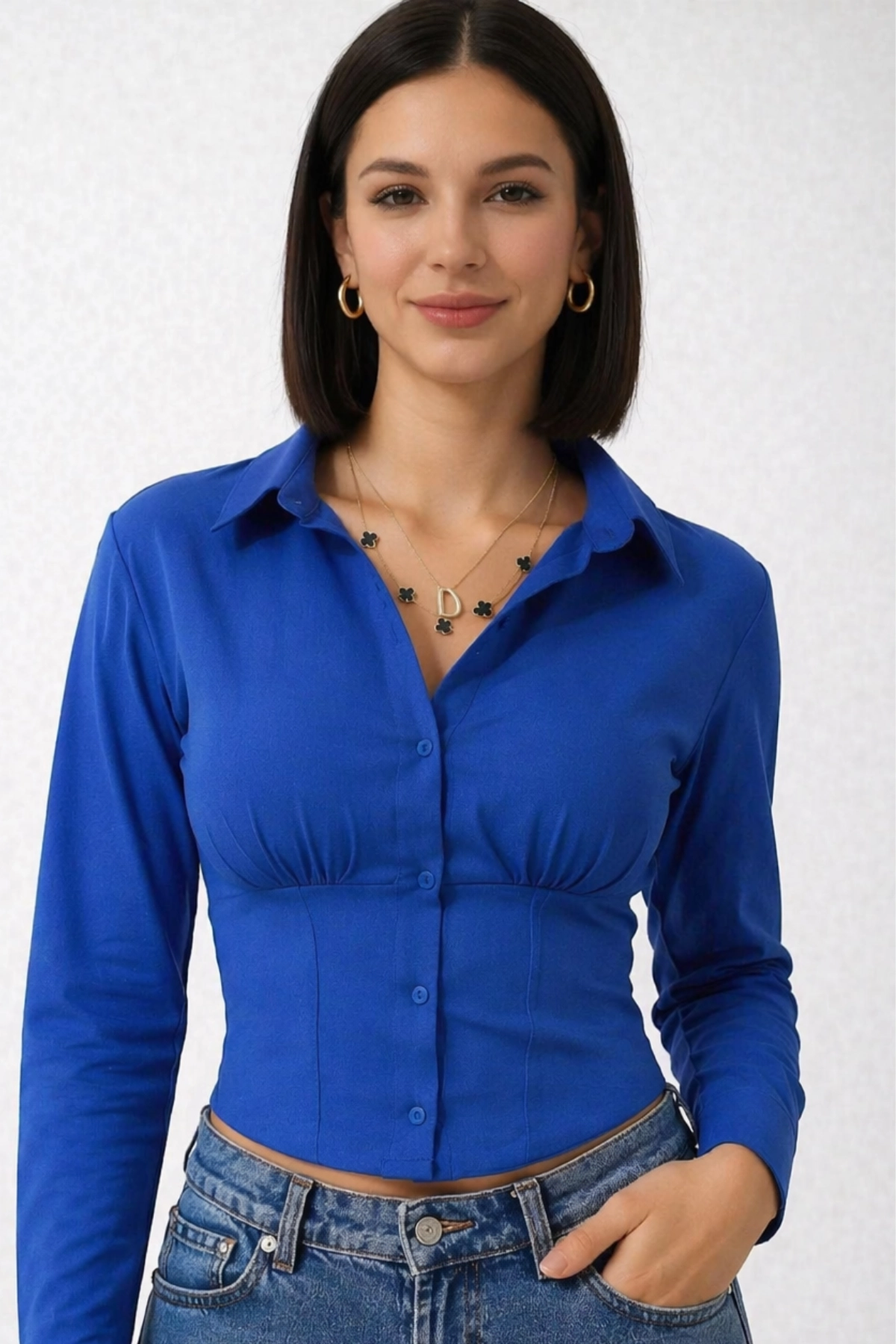 Kadın Saks Mavi Beli Lastikli Korse Crop Gömlek