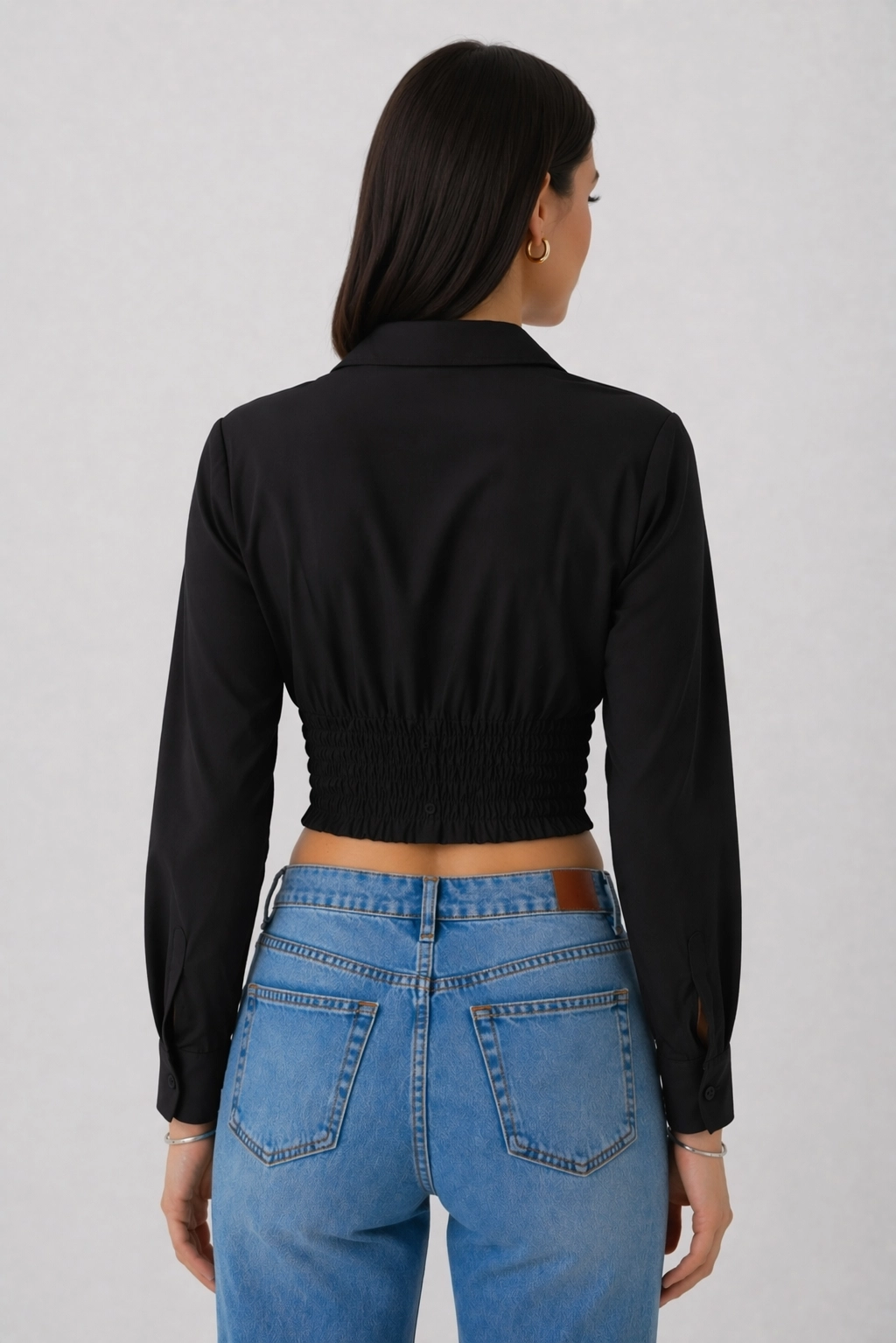 Kadın Siyah Beli Lastikli Korse Crop Gömlek