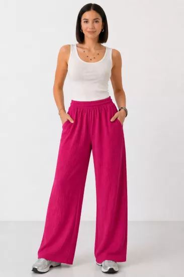 Kadın Fuşya Beli Lastikli Cepli Bol Paça Mevsimlik Pantolon