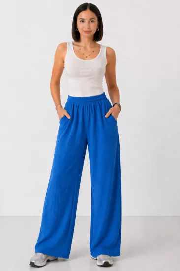 Kadın Indigo Mavi Beli Lastikli Cepli Bol Paça Mevsimlik Pantolon