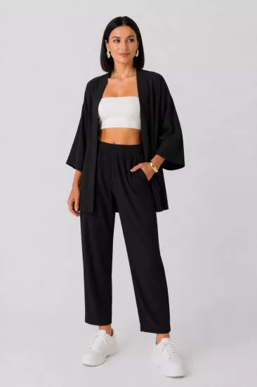 Kadın Siyah Cepli Boru Paça Kimono Alt Üst Takım
