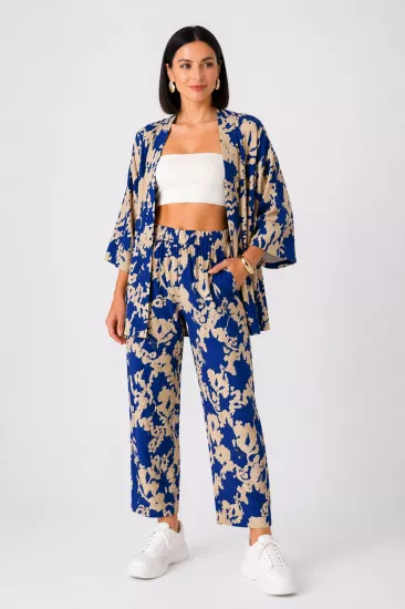 Kadın Mavi Desenli Kimono alt üst takım