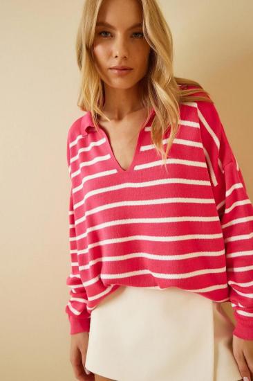 Kadın Polo Yaka Çizgili Crop Triko Kazak