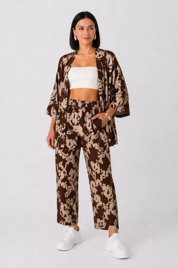 Kadın Kahve Desenli Kimono alt üst takım