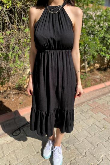 Kadın Siyah Halter Yaka Midi Boy Yazlık Bodrum Bürümcük Elbise