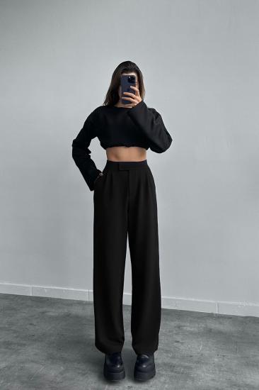 Kadın Siyah Beli Cırt Cırtlı Pileli Bol Paça Palazzo Pantolon Wide Leg