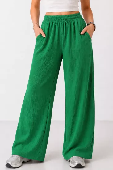 Kadın Yeşil Beli Lastikli Cepli Bol Paça Mevsimlik Pantolon