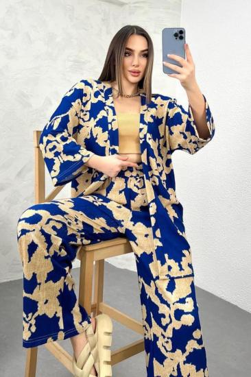 Kadın Mavi Desenli Bol Paça Palazzo Alt Üst Kimono Takım