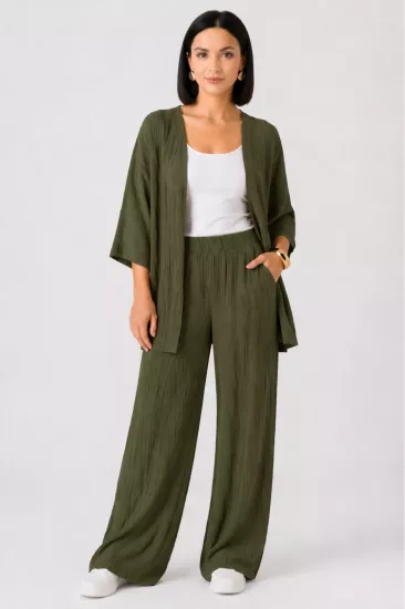 Kadın Haki Bol Paça Palazzo Alt Üst Kimono Takım