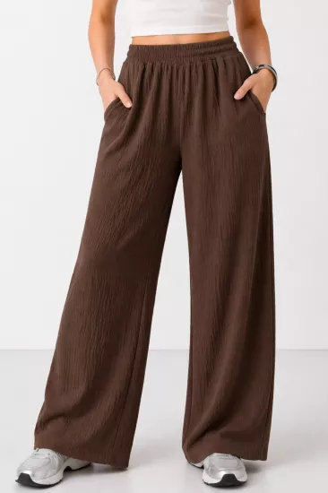 Kadın Kahverengi Beli Lastikli Cepli Bol Paça Mevsimlik Pantolon