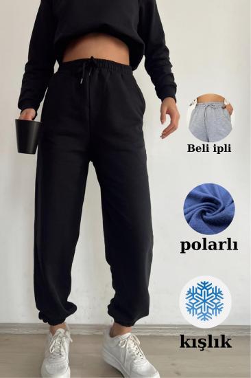 Kadın Yüksek Bel Içi Polarlı Üç Iplik Siyah Eşofman Altı
