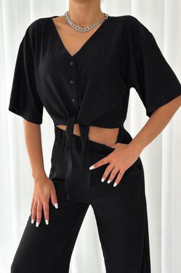 Siyah Önden bağlamalı Crop Palazzo Alt üst Takım