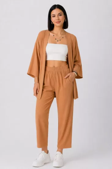 Kadın Tarçın Rengi Cepli Kimono Alt Üst Takım